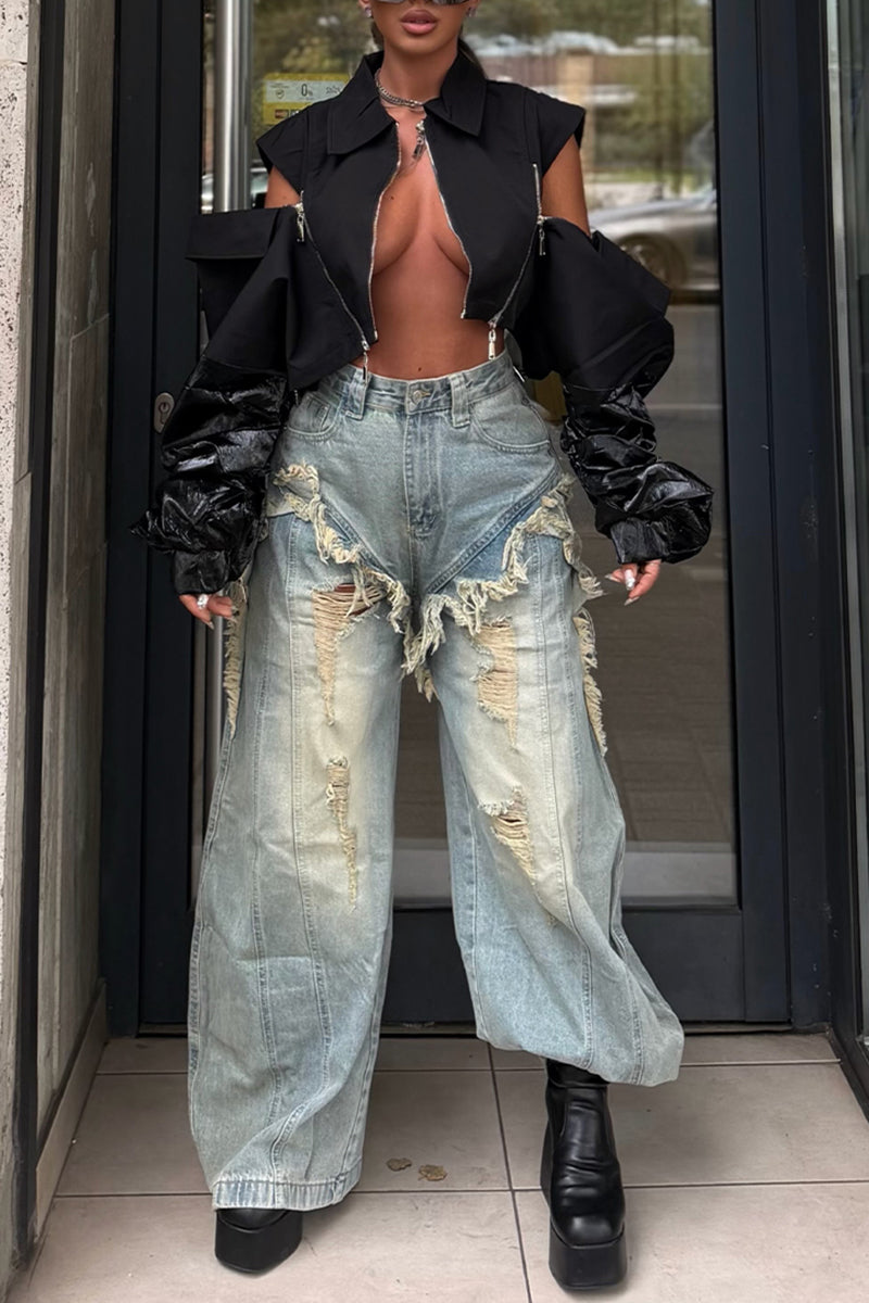 Women's Fashion Ripped Wash Faux Two-Piece Wide Leg Jeans