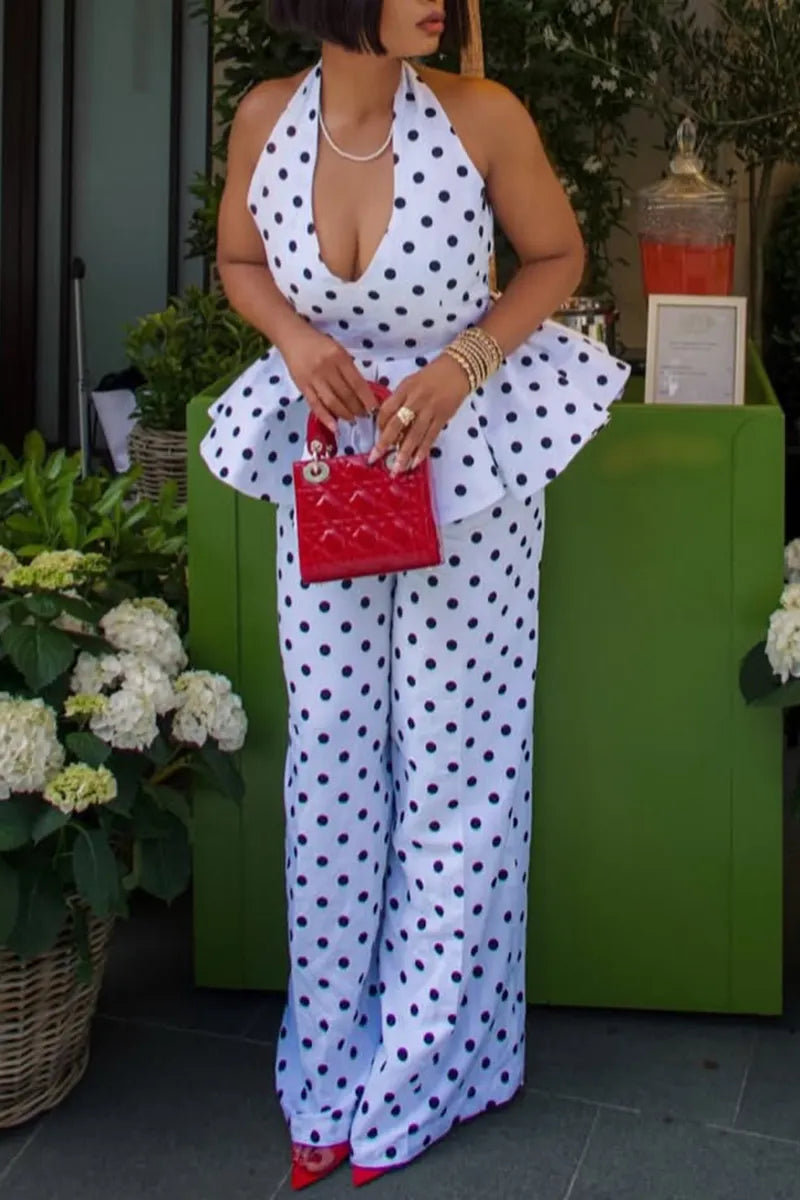Women's Fashion Polka Dot Halter Ruffle Hem Vest Wide Leg Pants Two-Piece Set