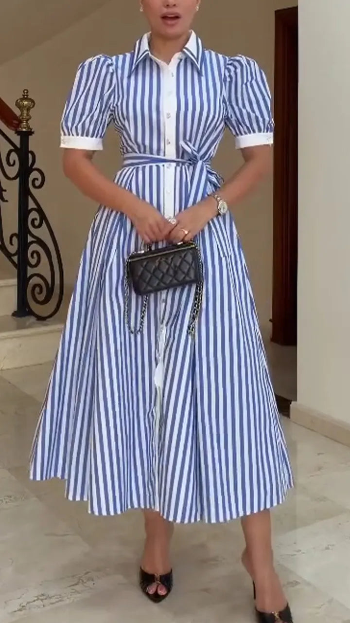 Women Collar Vertical Stripe Buckle Elegant Casual Maxi Dresses