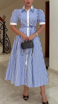 Women Collar Vertical Stripe Buckle Elegant Casual Maxi Dresses