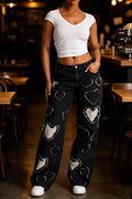 Women's Love Fringed Design Casual Wide Leg Jeans