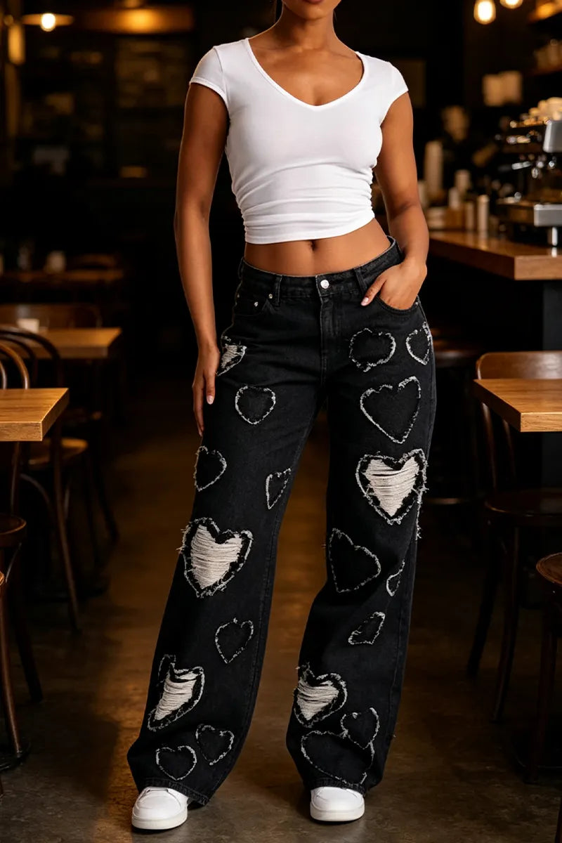 Women's Love Fringed Design Casual Wide Leg Jeans