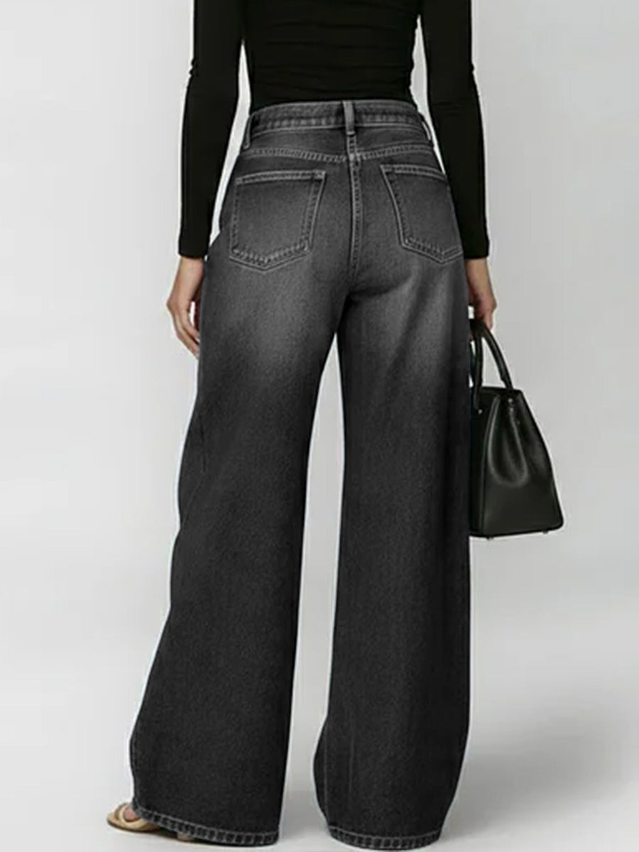 Buttoned Geometric Hollow Pockets Split-Joint High Waisted Loose Jean Pants Bottoms