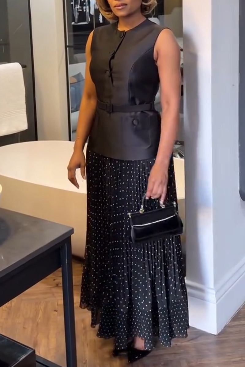 Women's Elegant Casual Round Neck Sleeveless Top or Polka Dot Printed Skirt