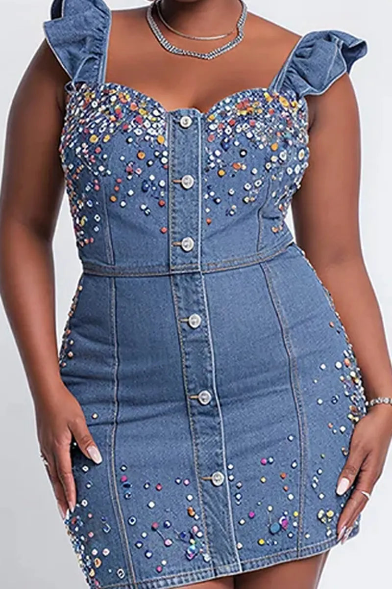 Ladies' Party Casual Light Blue Ruffled Sleeves With Drilled Denim Mini Skirt