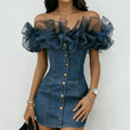 Women's Vintage Off-shoulder Ruffled Slim-fit Denim Dress