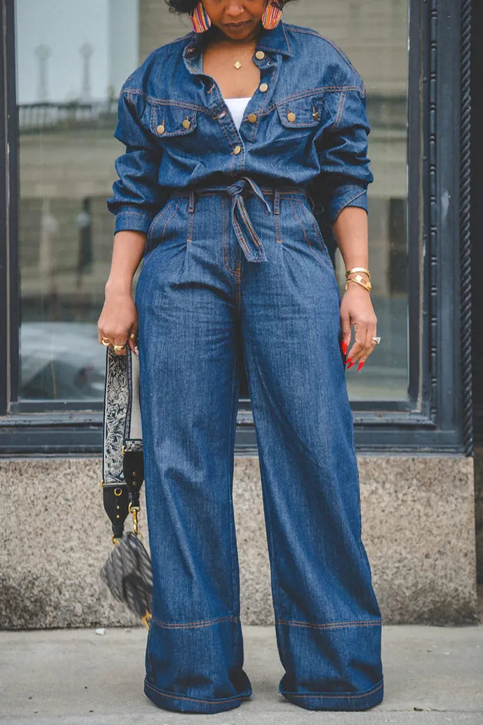 Women's Casual Versatile Loose Button Front Denim Jumpsuit