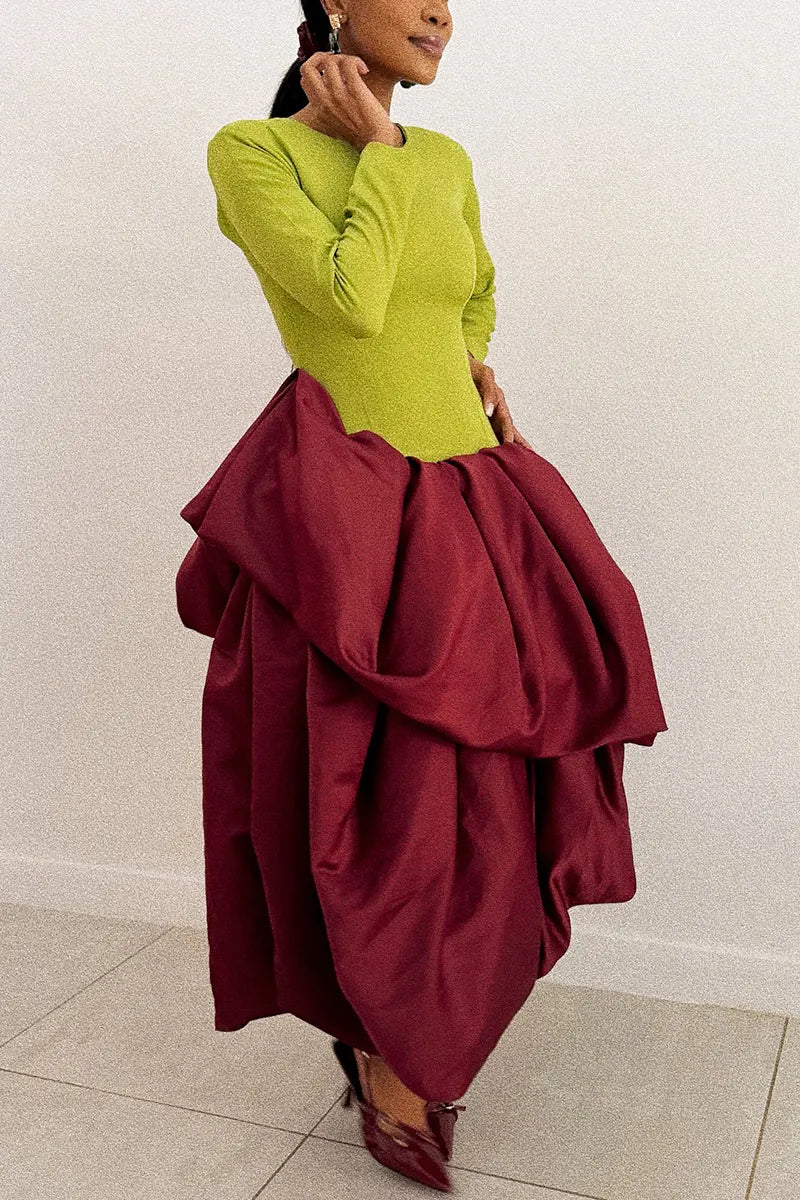 Women's Elegant Tiered Balloon Hem Color Block Maxi Dress