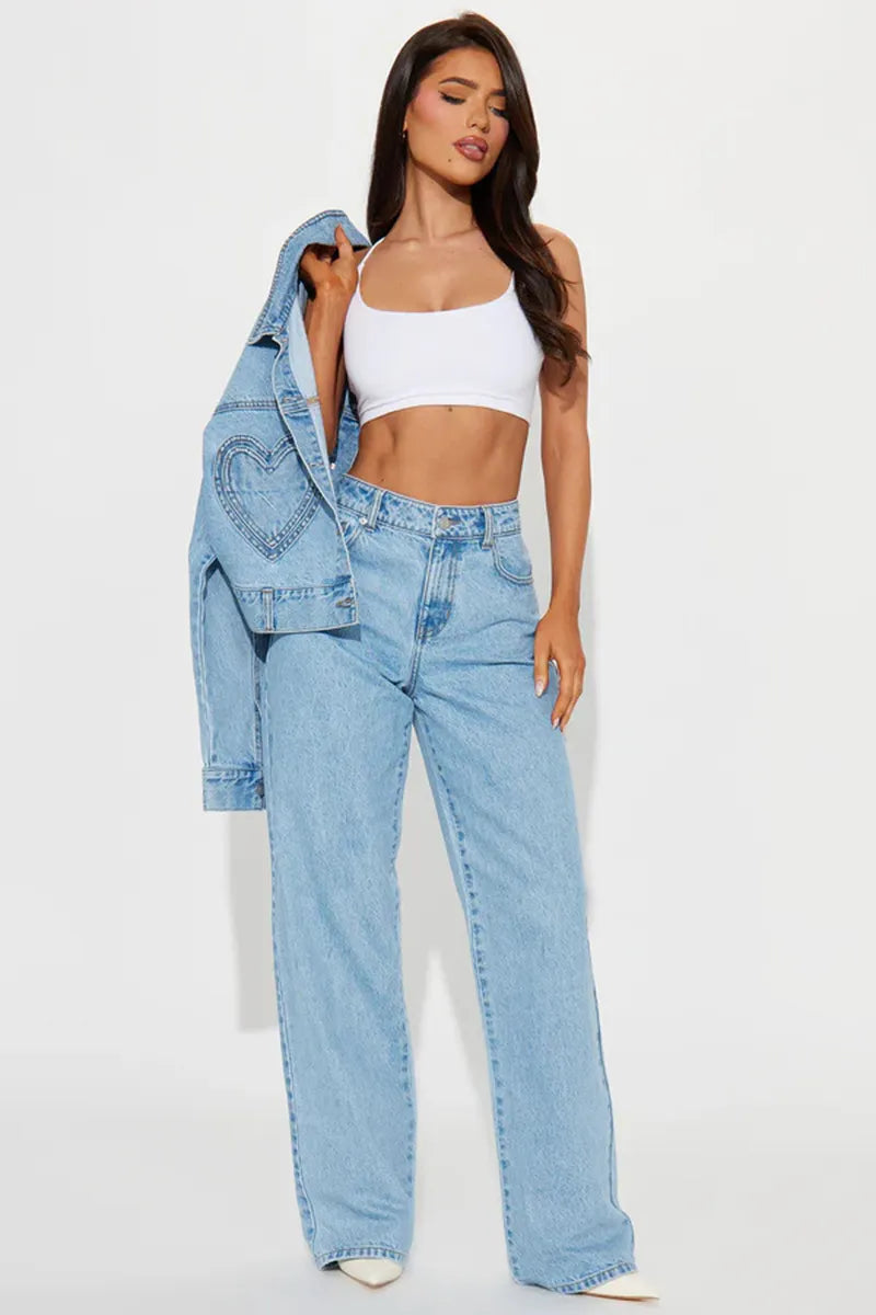 Women Straight-leg Slim Pants Heart Pocket Design Washed High-waist Loose Jeans