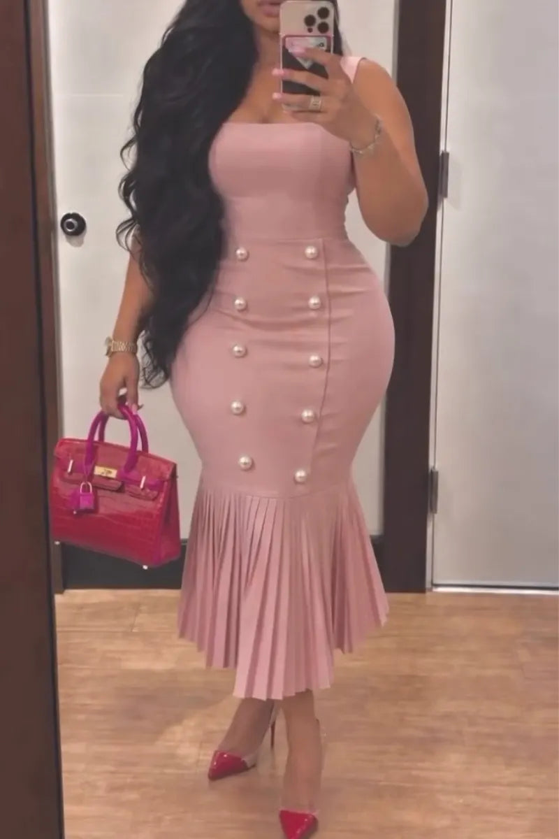 Women's Square Neck Double Breasted Patchwork Pleated Elegant Temperament Maxi Dresses
