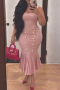Women's Square Neck Double Breasted Patchwork Pleated Elegant Temperament Maxi Dresses