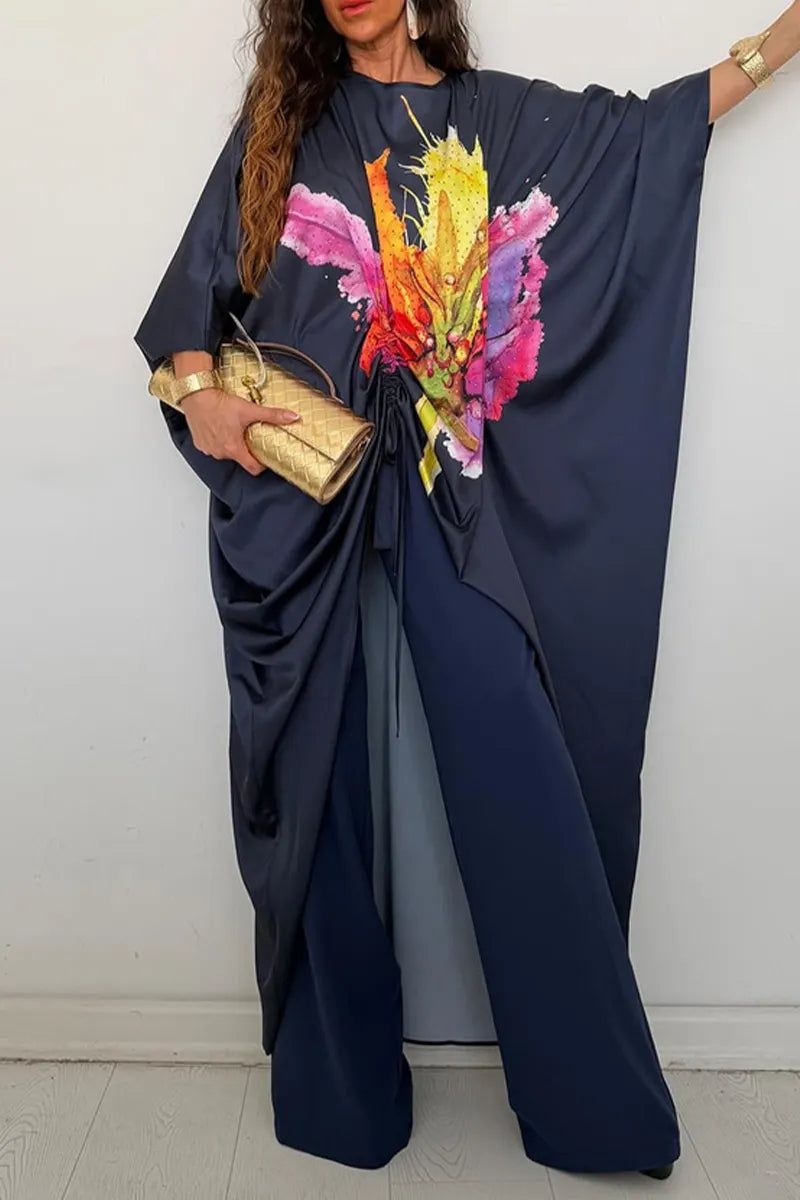 Women Round Neck Drawstring Printed Irregular Long Top+ Pants Casual Suit