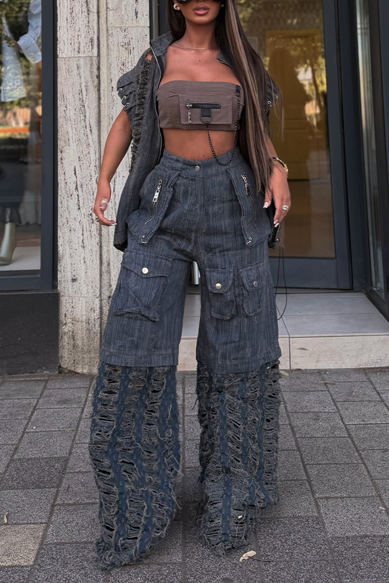 Women's Fashion Pocket Denim Ripped Patchwork Cargo Pants