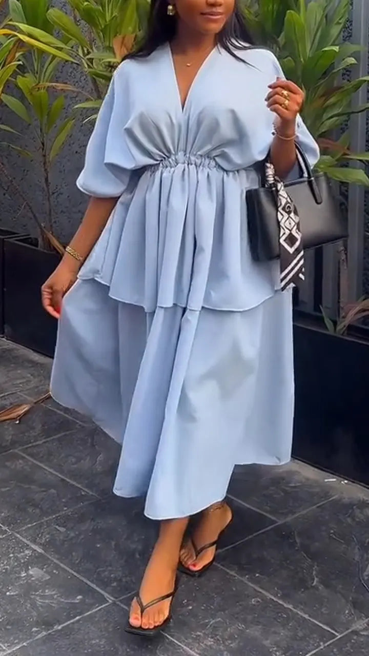 Women V-neck Patchwork Solid Color Casual Dress