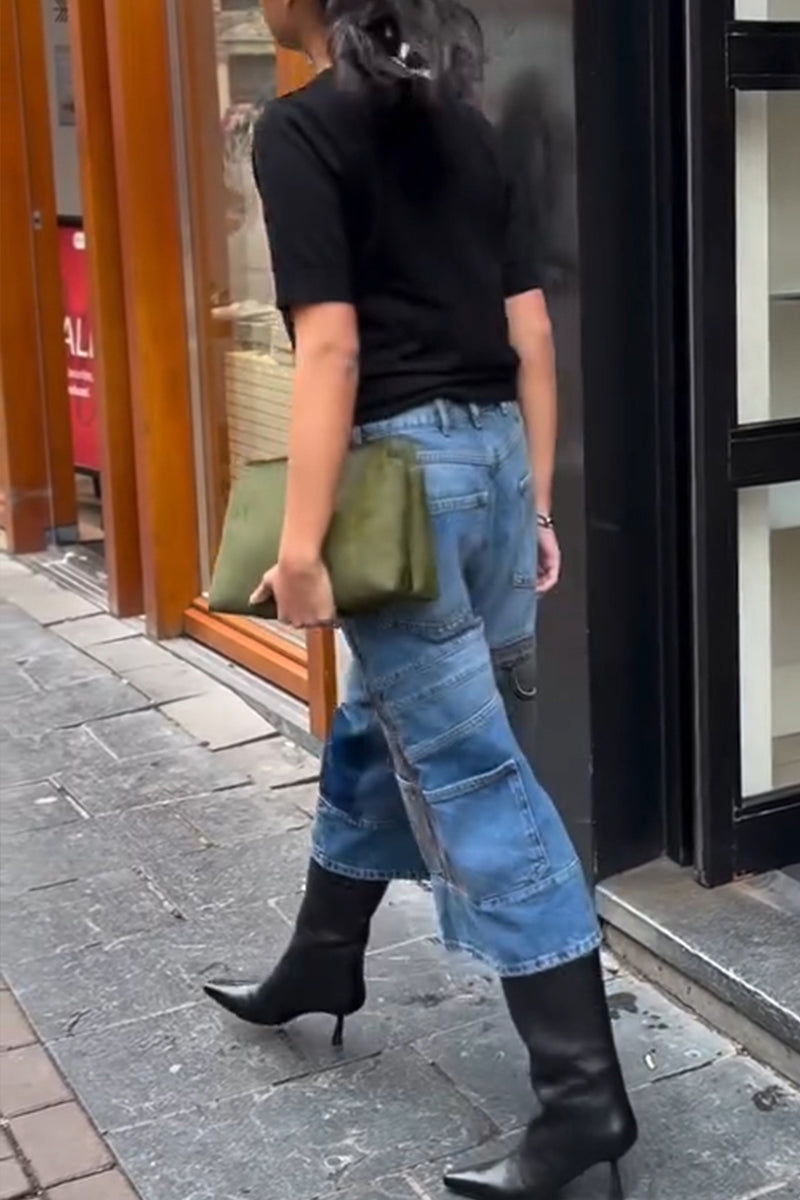 Women's Fashion Contrast Patchwork Wide Leg Cropped Jeans