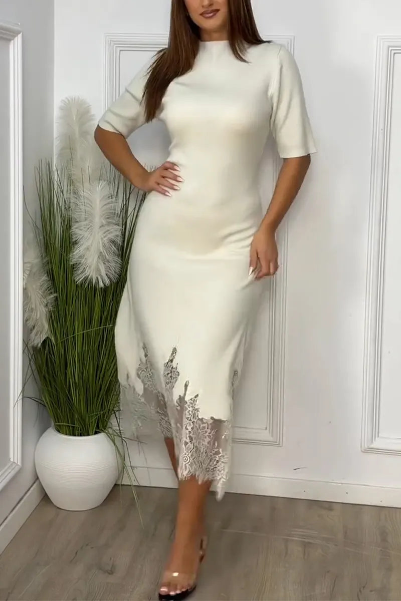 Women's Round Neck Patchwork Lace Patterned Casual Dress