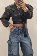 Women's Fashion Lapel Cropped Leather Jacket or Wide Leg Jeans