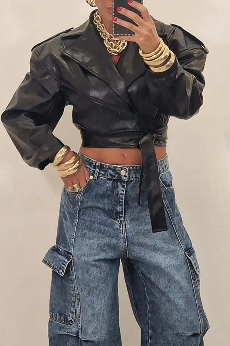 Women's Fashion Lapel Cropped Leather Jacket or Wide Leg Jeans