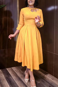 Women's Elegant Cutout Trim Waist Defined Midi Dress