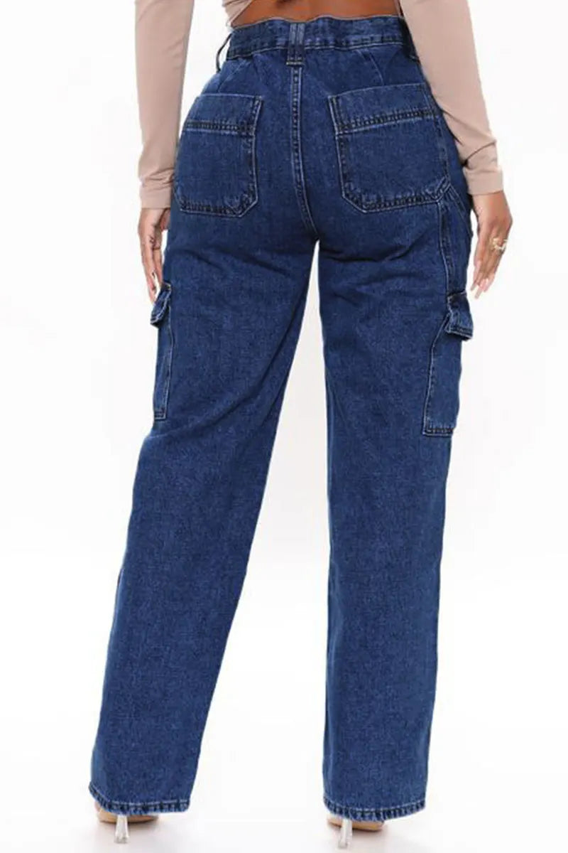Women's Elastic Waist Wide-Leg Cargo Jeans With Multiple Pockets