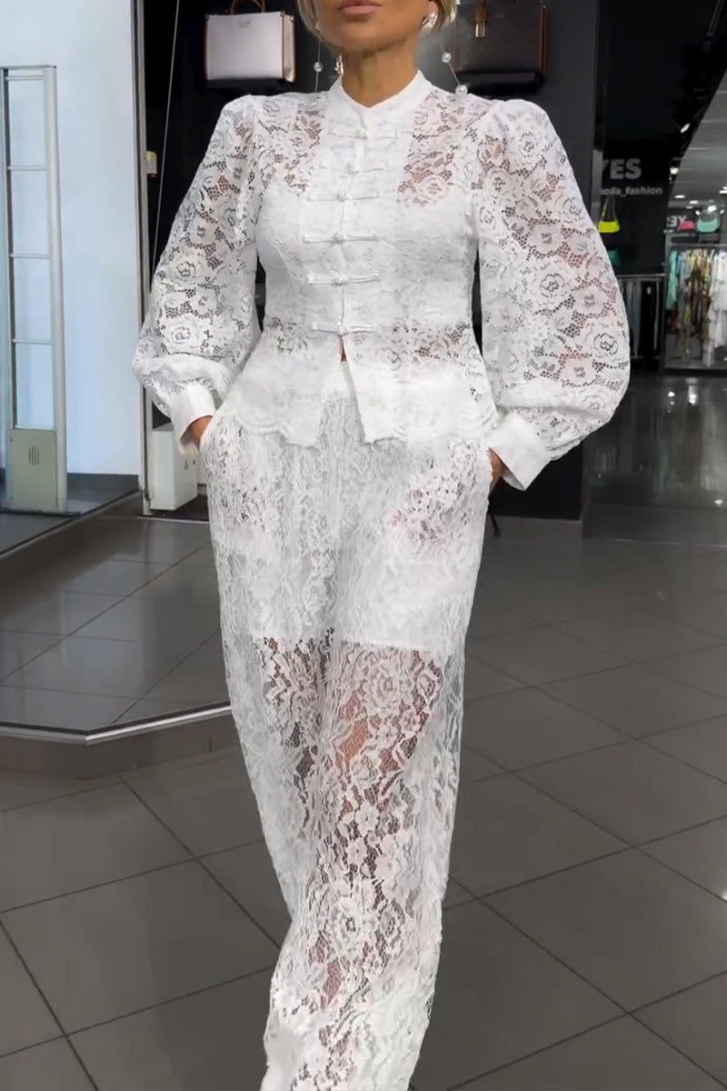 Women's Elegant Button Decoration Lace Shirt or Pants