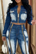 Women's Round Neck Washed Water Zipper Denim Jacket or Tight Jeans