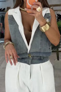 Women's Denim Vest Or White Wide-Leg Pants with Contrast Lape