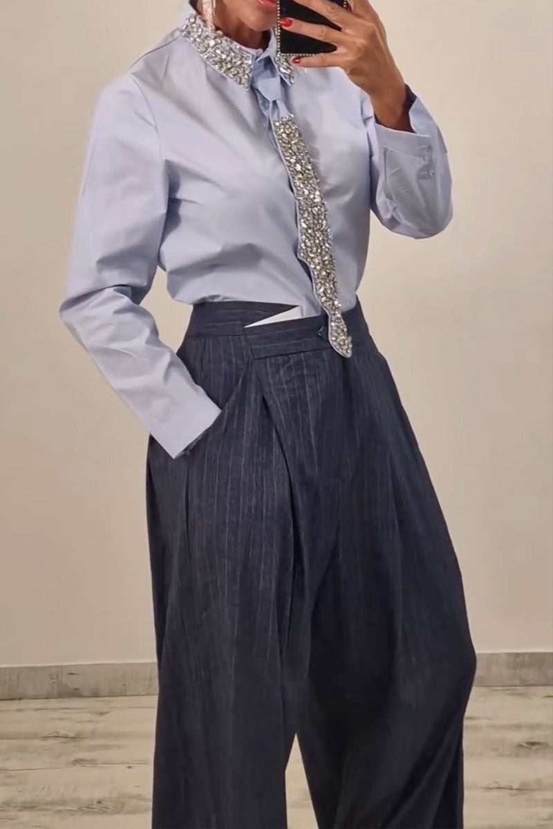 Women's Fashion Rhinestone Neckline Shirt with Belt or Stripe Suit Pants