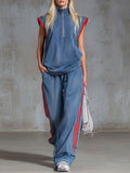Casual Half-zip Sleeveless Denim Top And Pants Two-piece Set