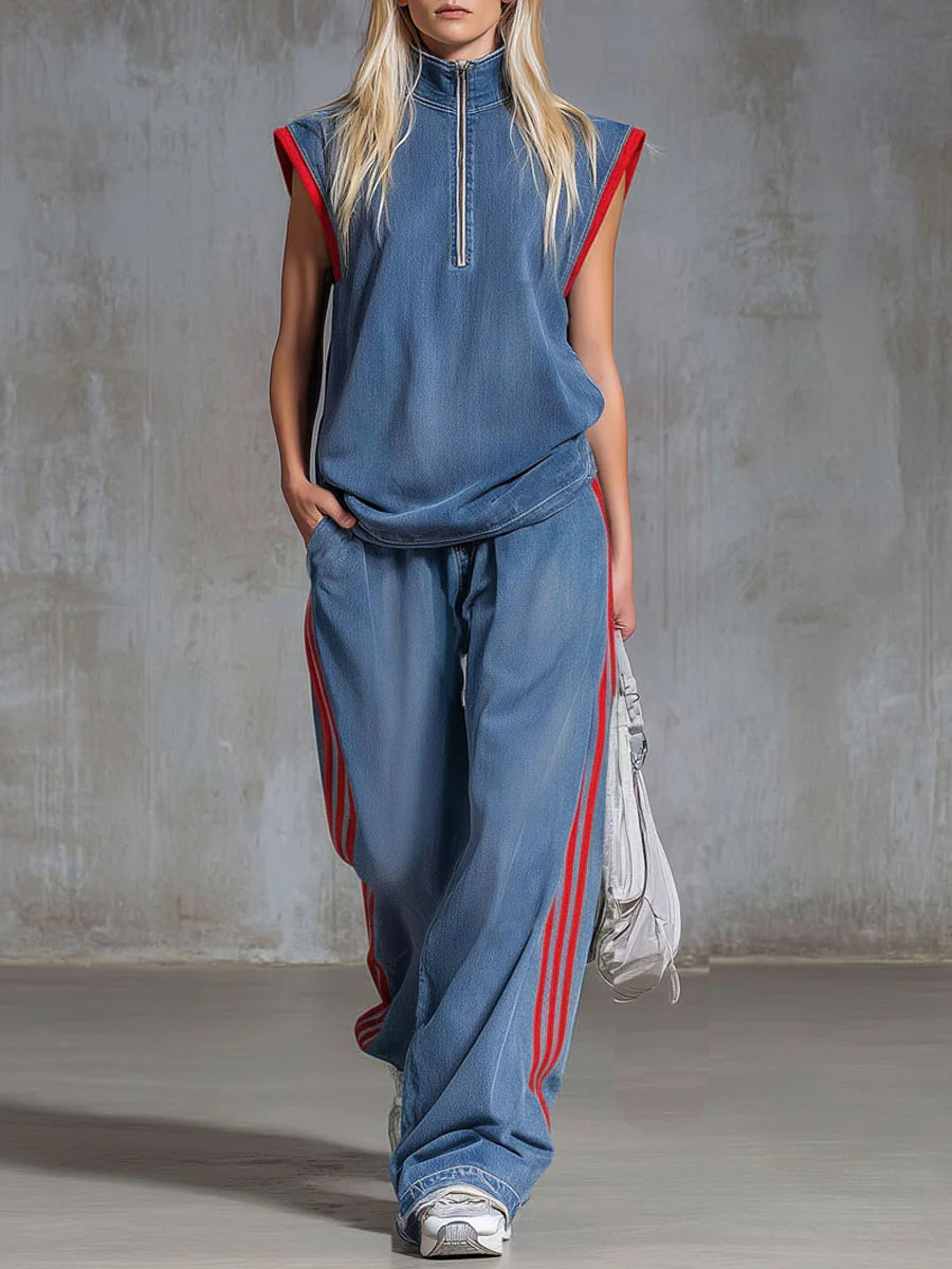 Casual Half-zip Sleeveless Denim Top And Pants Two-piece Set