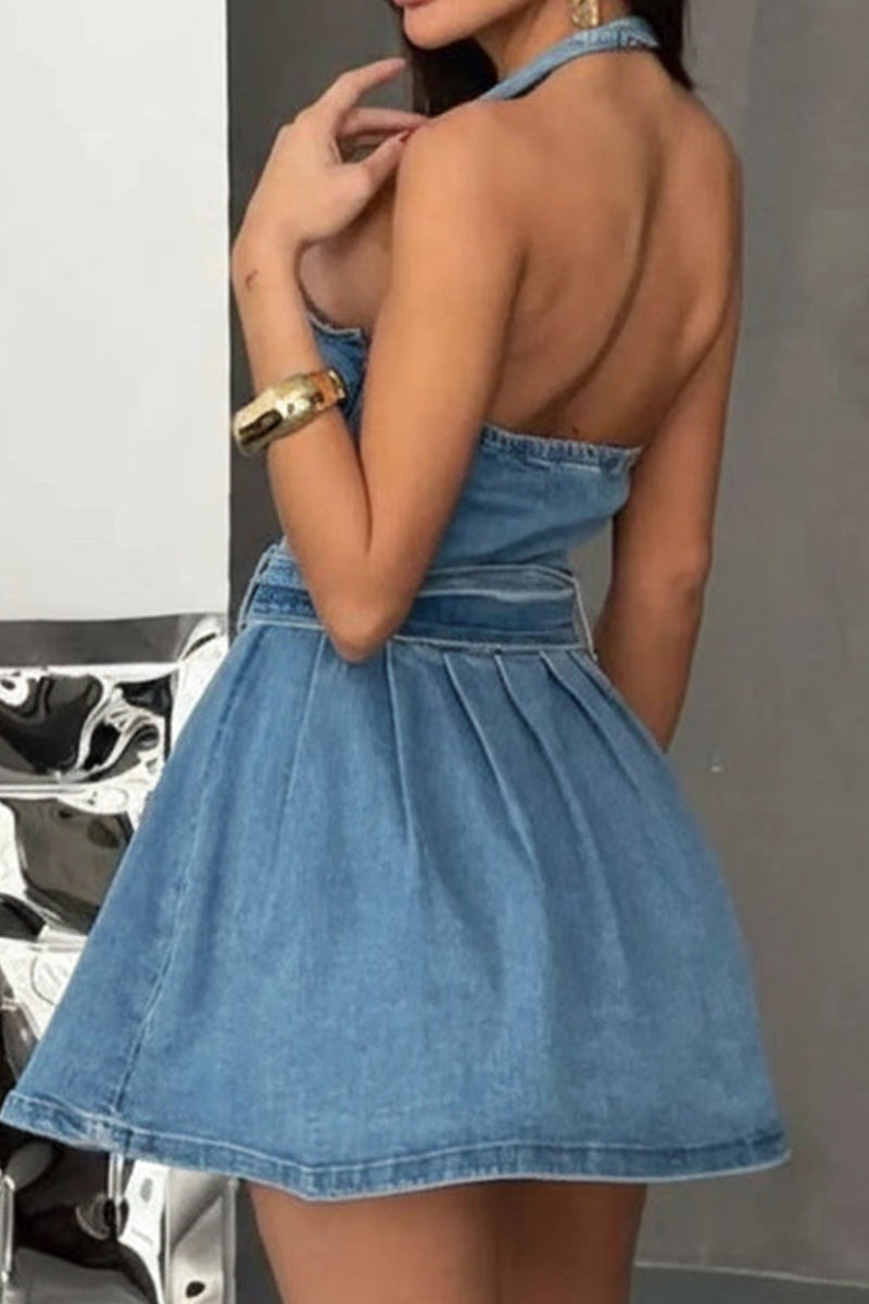 Women's Sexy Halter Neck Backless Denim Mini Dress