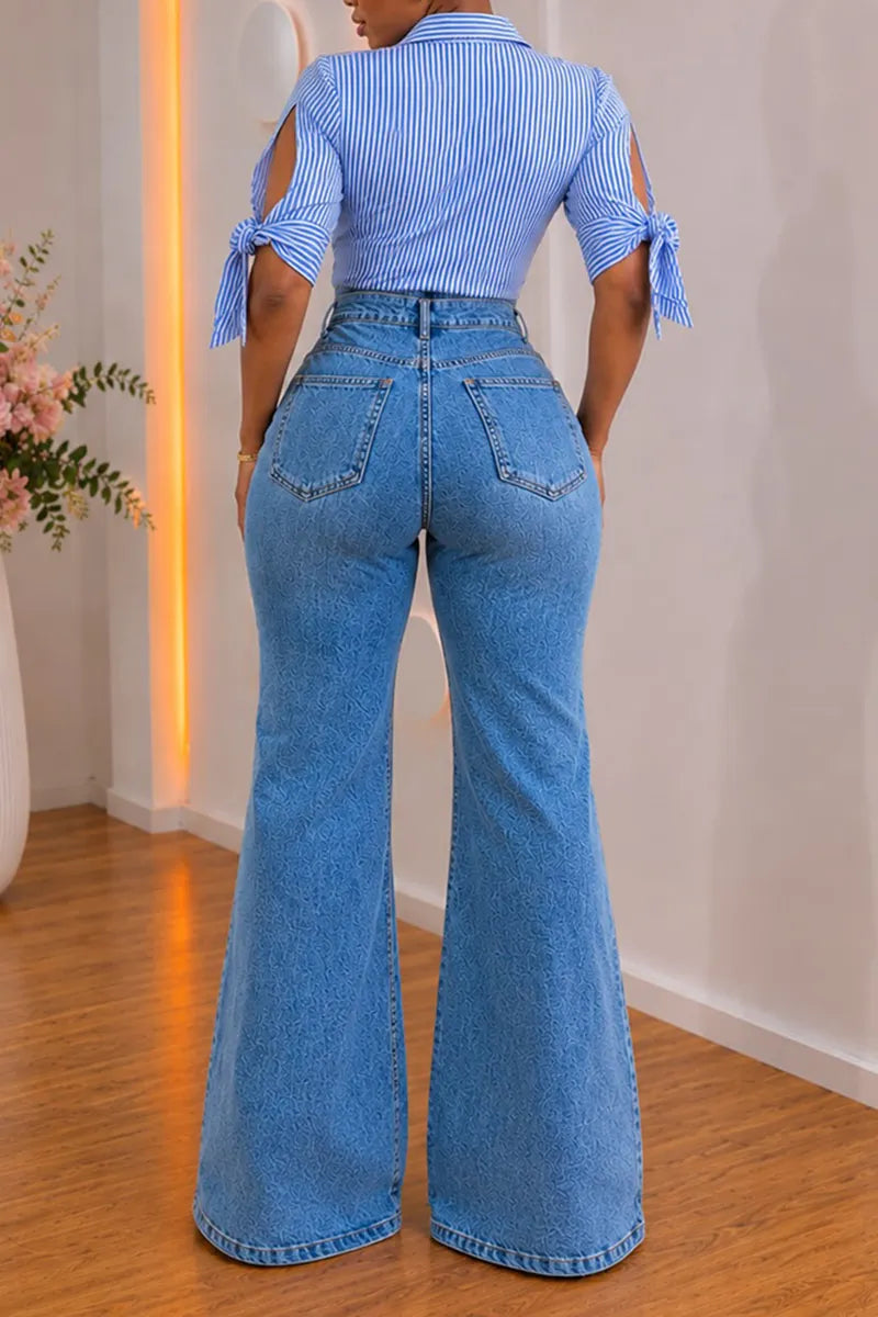 Women's Casual Stripe Shirt or Asymmetric Fly Flare Jeans