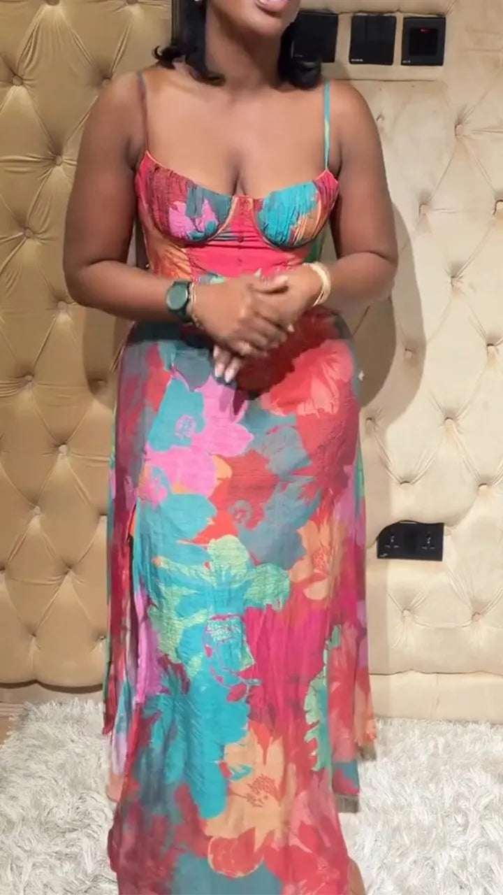Women Strapless Sleeveless Printed Casual Dress