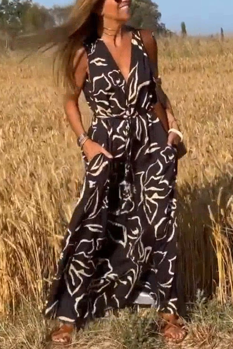 Women's V-neck Sleeveless Printed Loose Casual Dress