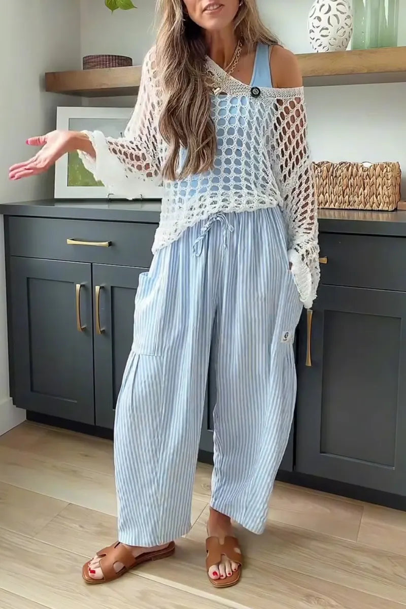 Women Drawstring Vertical Stripe Casual Linen Pants
