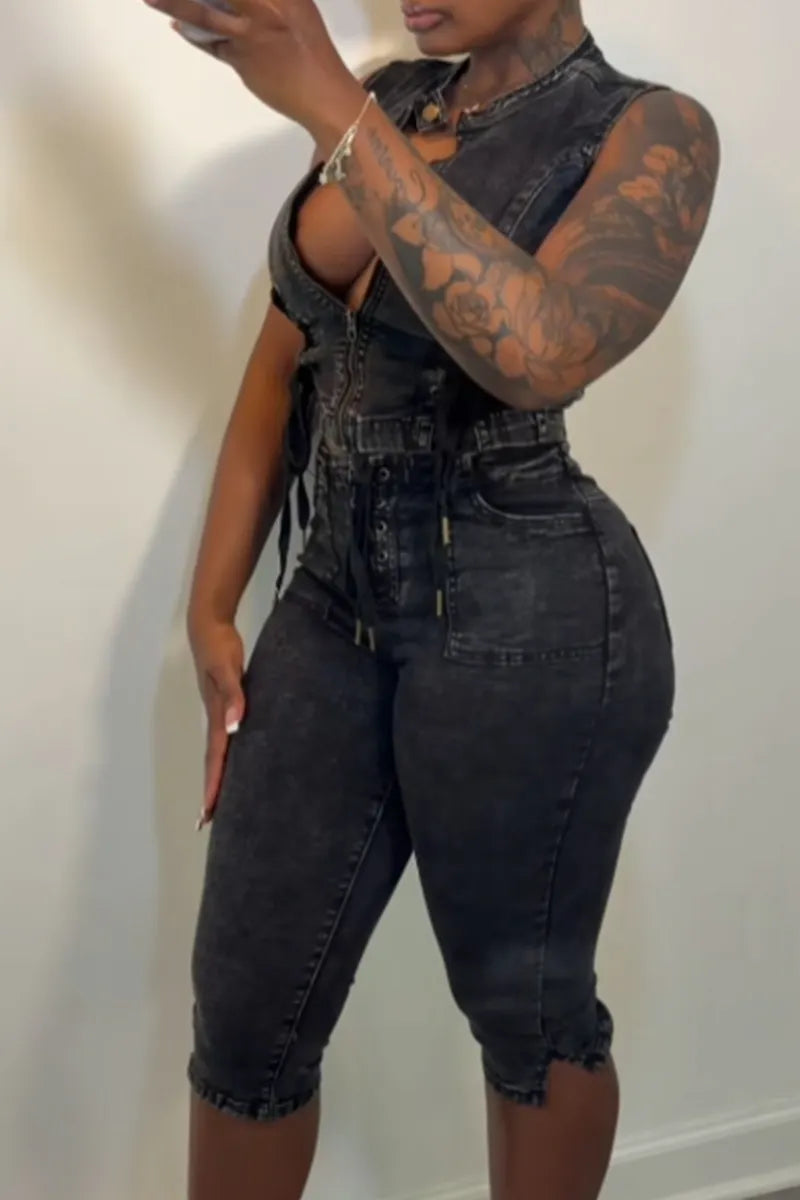Women's Casual Street Style Tie Waist Sleeveless Cropped Denim Top Or Tight Fitting Lace Up Denim Shorts