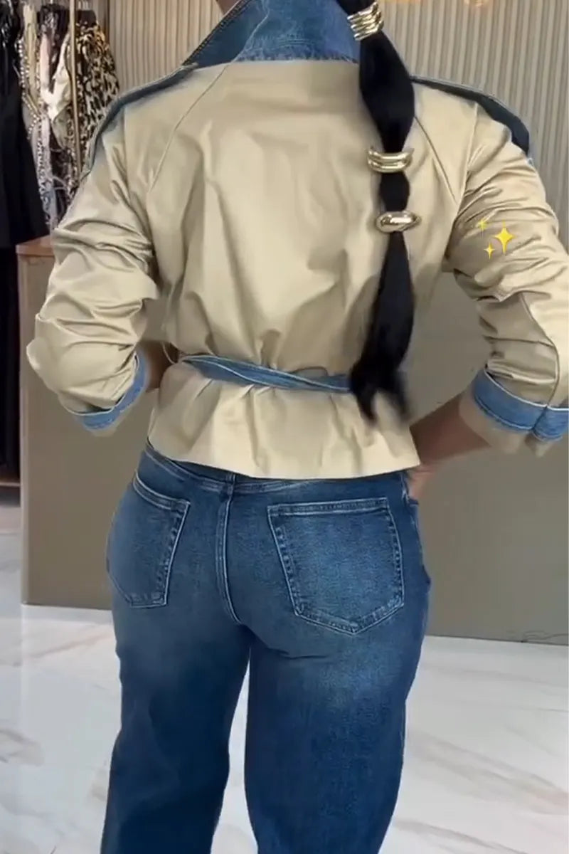 Women Casual Collar Patchwork Denim Jacket or Washed Ripped Jeans