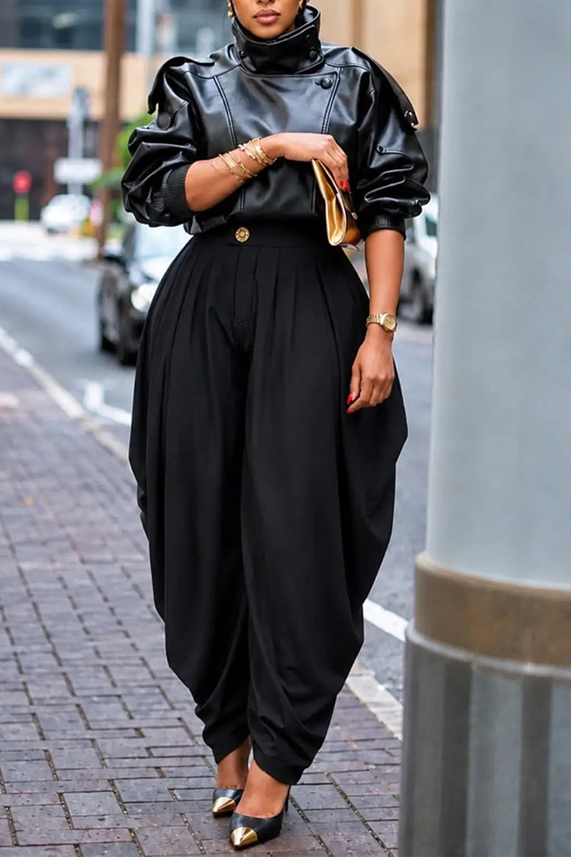 Women's Street Fashion Short Leather Jacket or Pleated Curved Pants
