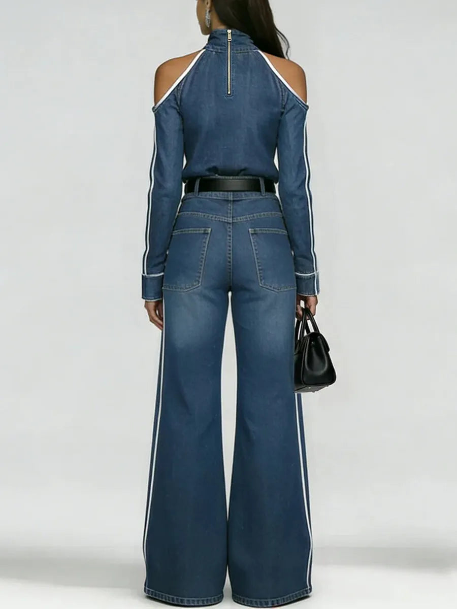 Stylish Off-shoulder White Trim Denim Top And Jeans Two-piece Set