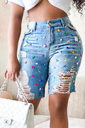 Ladies' Hot Selling Casual Rhinestone Decoration Fashionable Ripped Denim Shorts