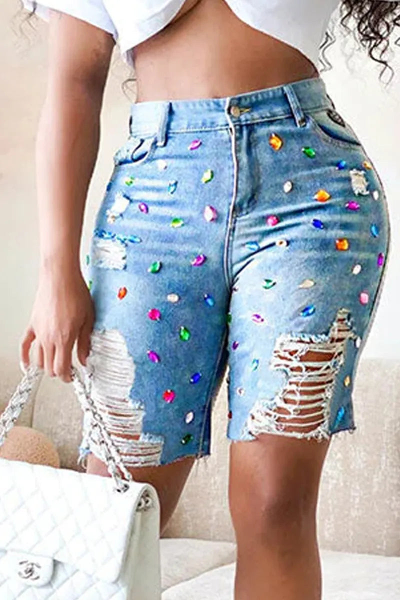Ladies' Hot Selling Casual Rhinestone Decoration Fashionable Ripped Denim Shorts