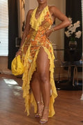 Women's Fashion Vacation Ruffle Decoration Print Maxi Dress
