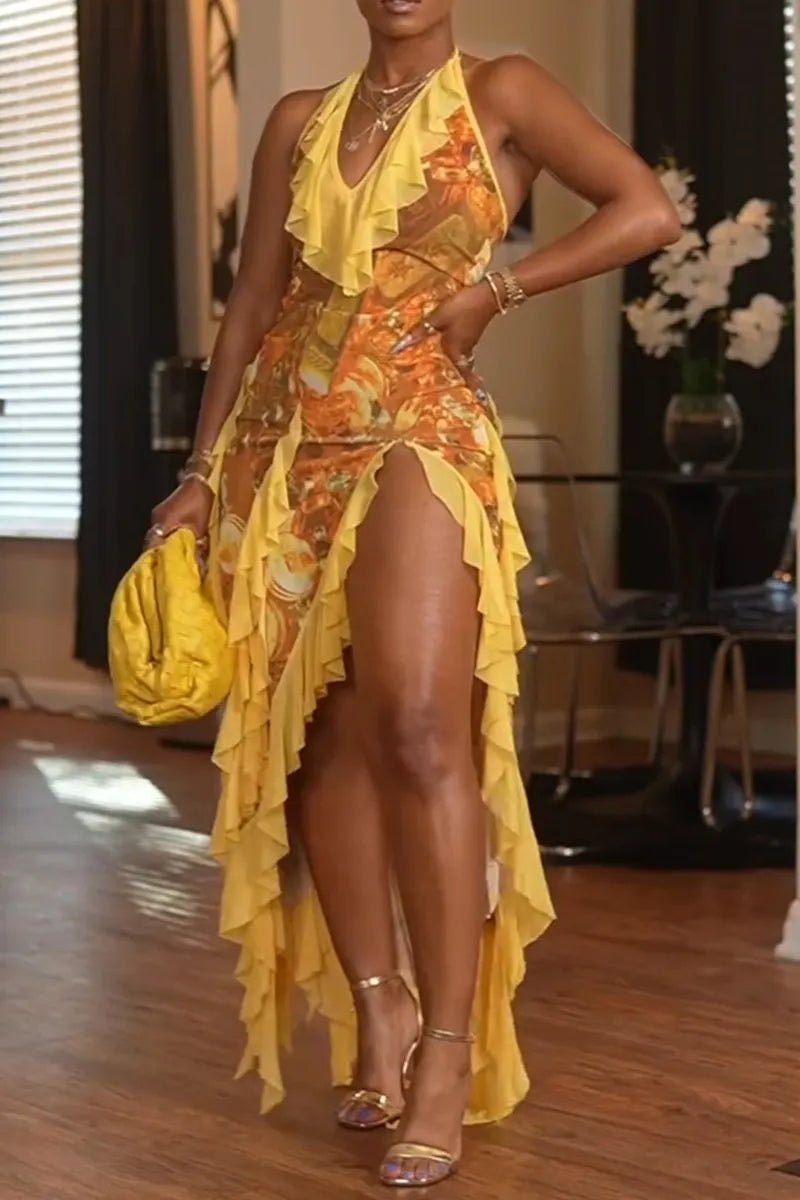 Women's Fashion Vacation Ruffle Decoration Print Maxi Dress