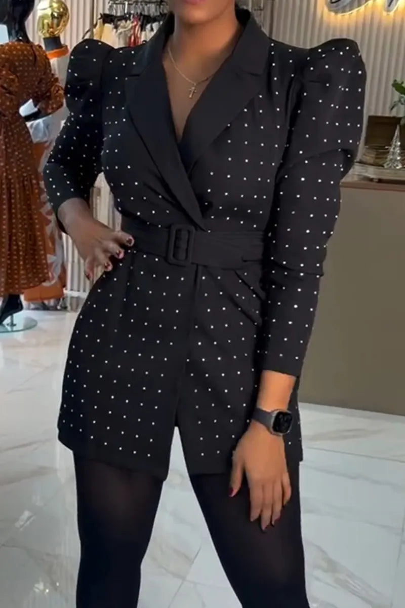 Women's Elegant Rhinestone Lapel Leg of Mutton Sleeve Blazer Mini Dress with Belt