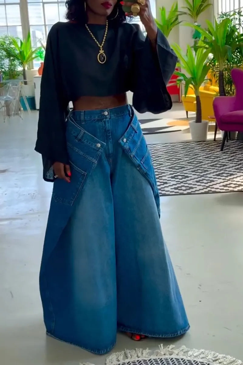 Women's Casual Silhouette Design Layered Wide Leg Jeans