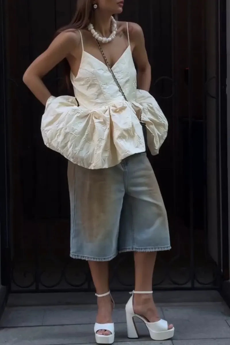 Women's Fashion Balloon Hem Vest or Wide Leg Denim Shorts