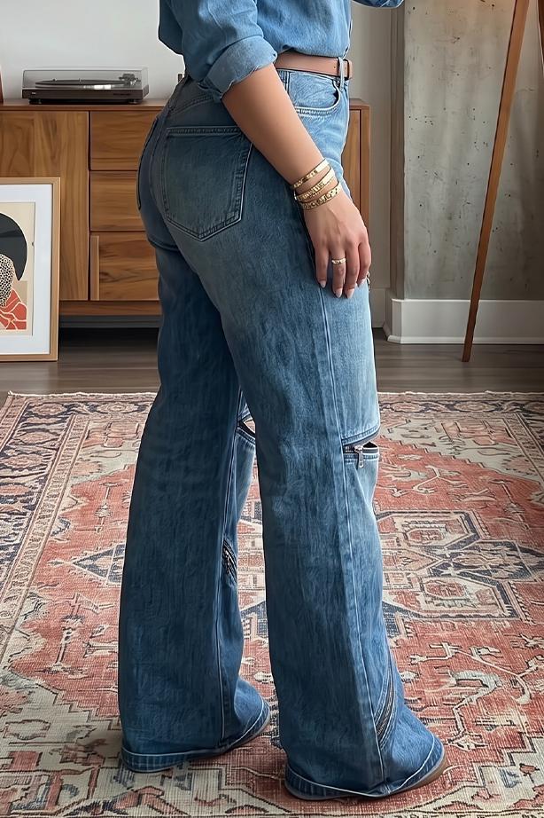 Women's Multi Zipper Cutout Wide Leg Jeans High Waist Convertible Slash Knee Baggy Denim Pants Streetwear Festival Outfit
