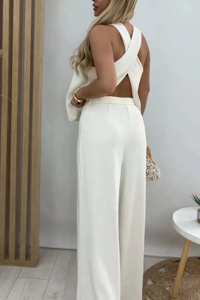Women Round Neck Back Cross Design Top+ Pants Solid Color Casual Suit
