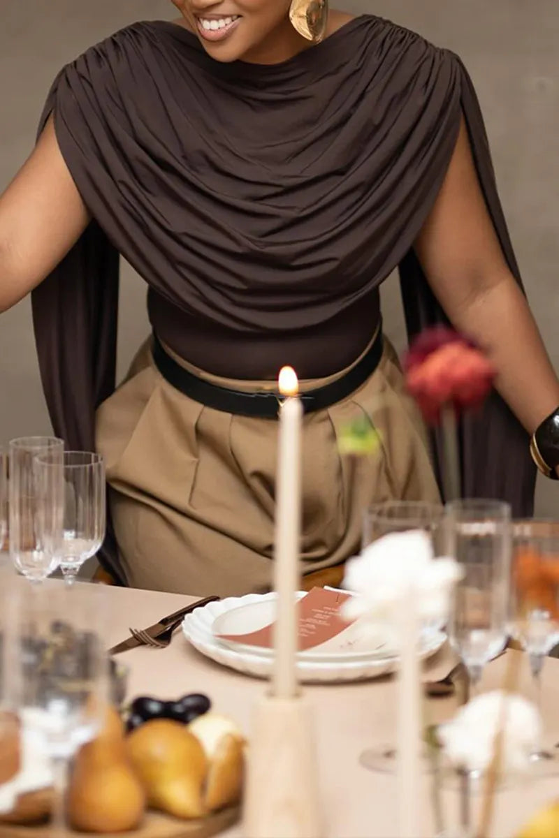 Women's Fashion Pleated Collar Cloak Sleeve Top or Wide Leg Suit Pants