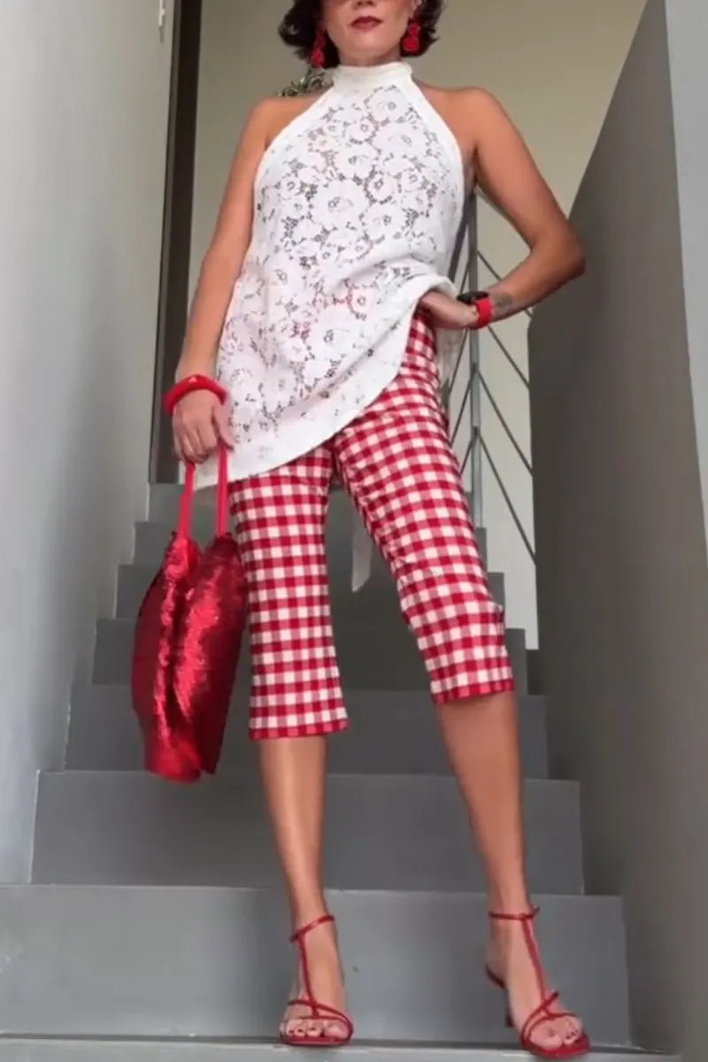 Women's Neck Hanging Lace Patterned Back Hollow Top or Plaid Pants